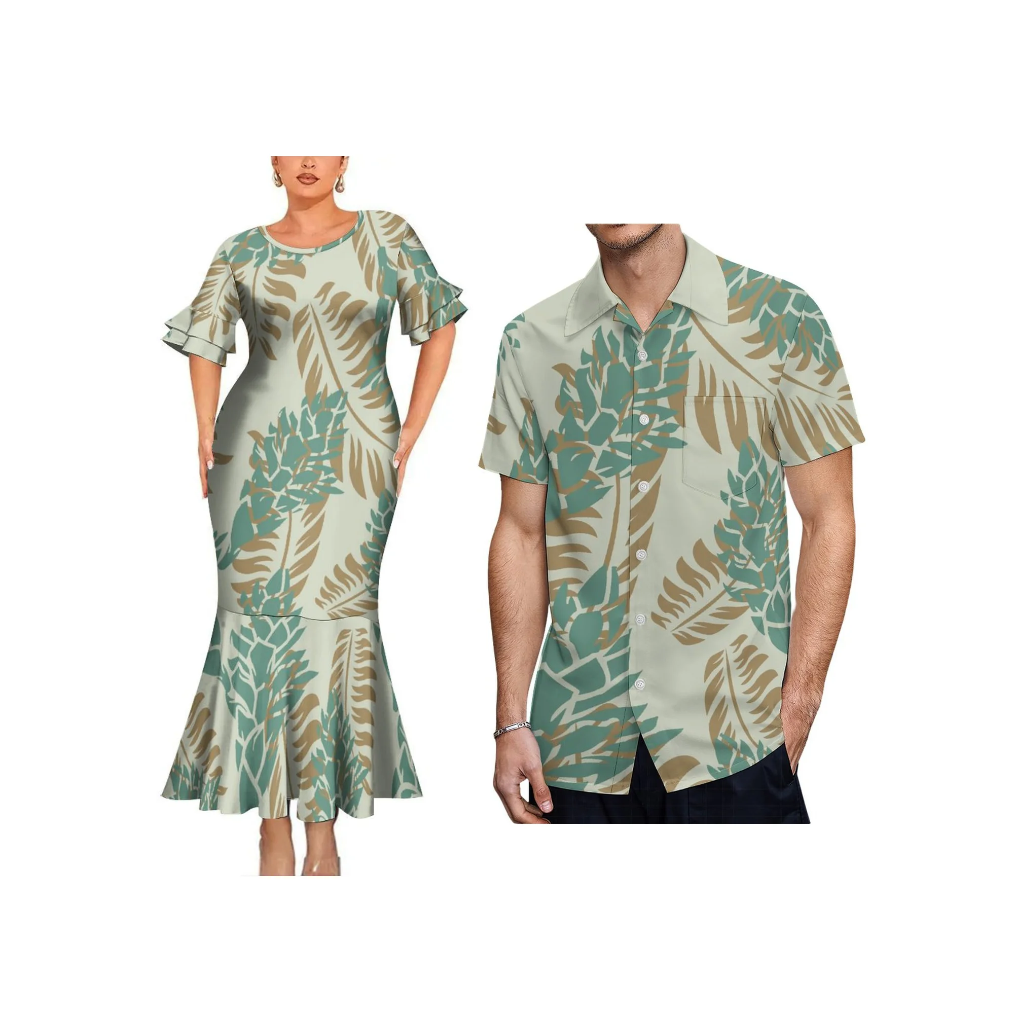 Factory Wholesale Custom Crew Neck Petal Sleeve Mermaid Dress Hawaii Polynesian Tribal Long Party Evening Dress Gowns