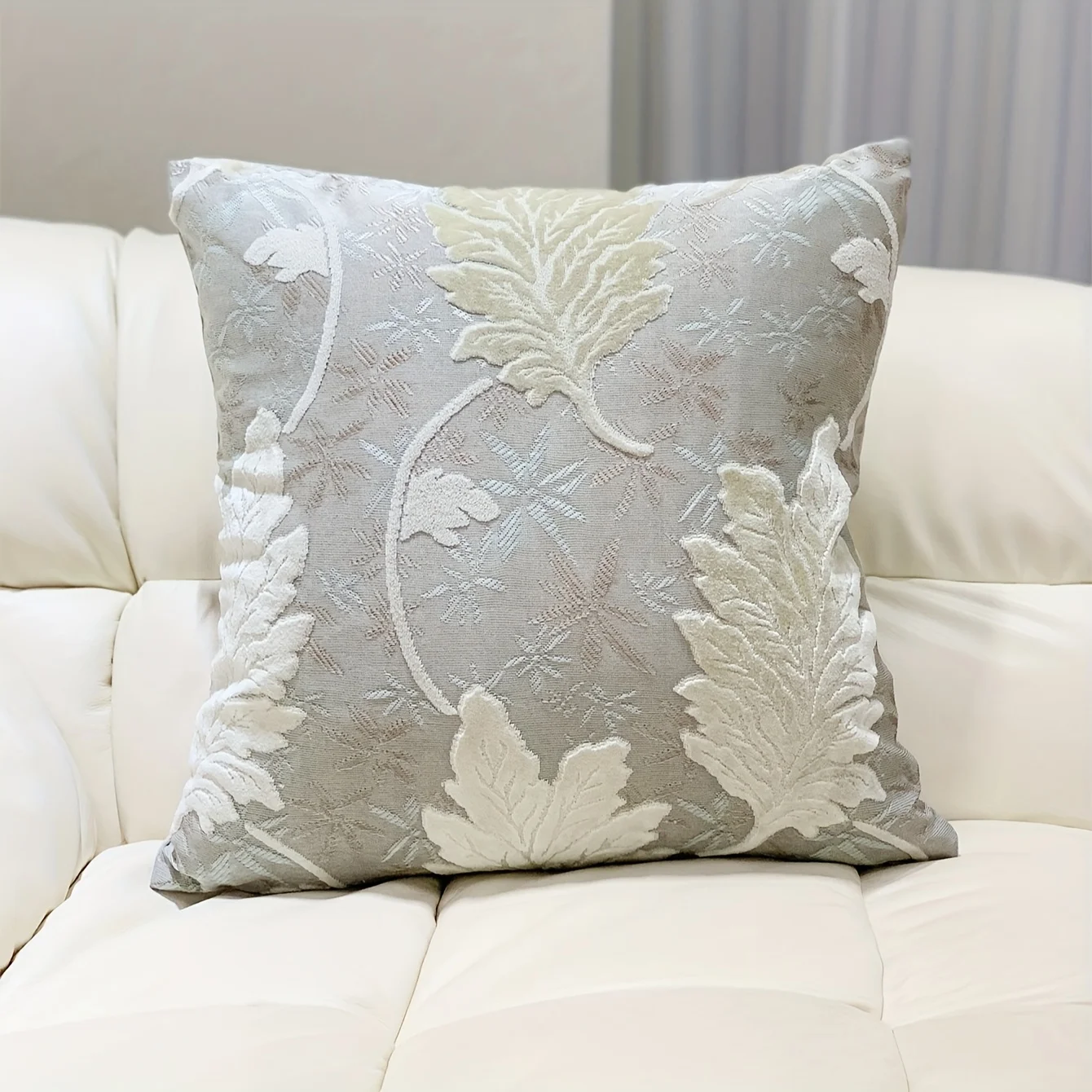 Double Sided Grey Leaf Pillow Cover Neutral Botanical Print Cushion Case for Sofa Living Room Modern Minimalist Home Decor
