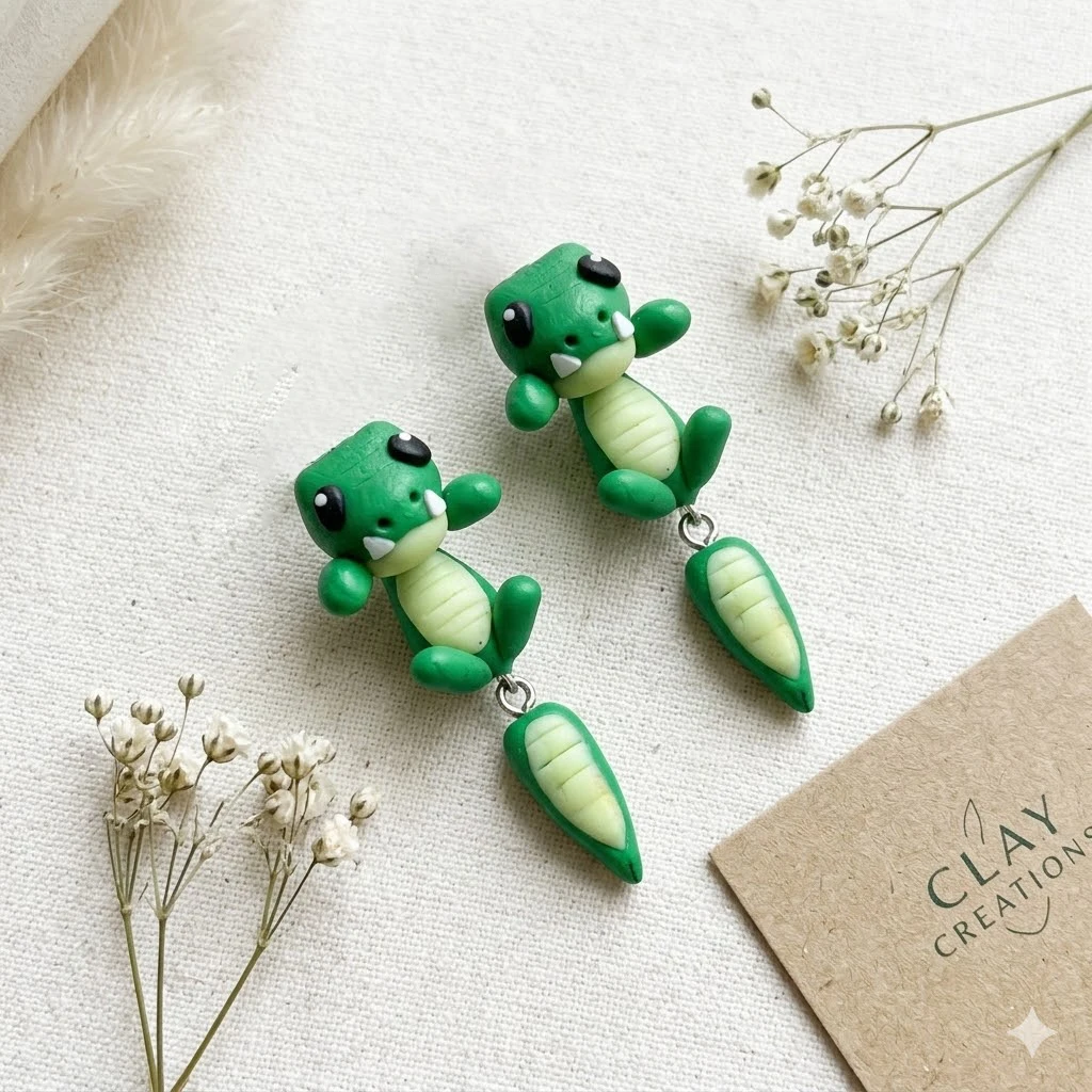 Handmade 3D Crocodile Polymer Clay Stud Earrings For Women Men Cute Alligator Front Back Ear Jackets Kawaii Wild Animal Earrings