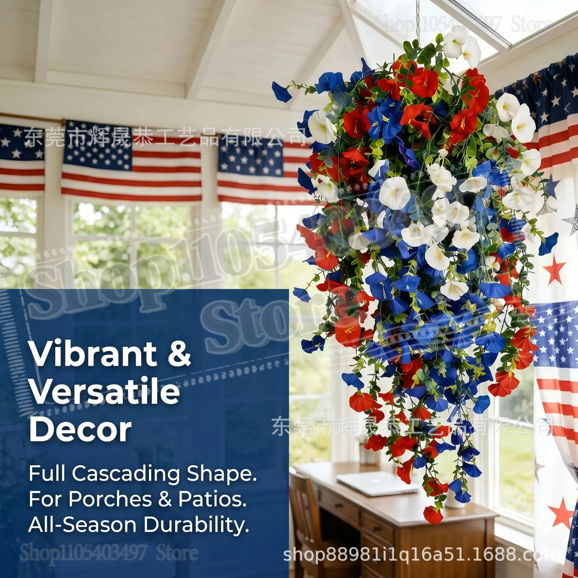 Patriotic Hanging Flower Basket Red White Blue Artificial Petunias for 4th of July Decor,Anniversary