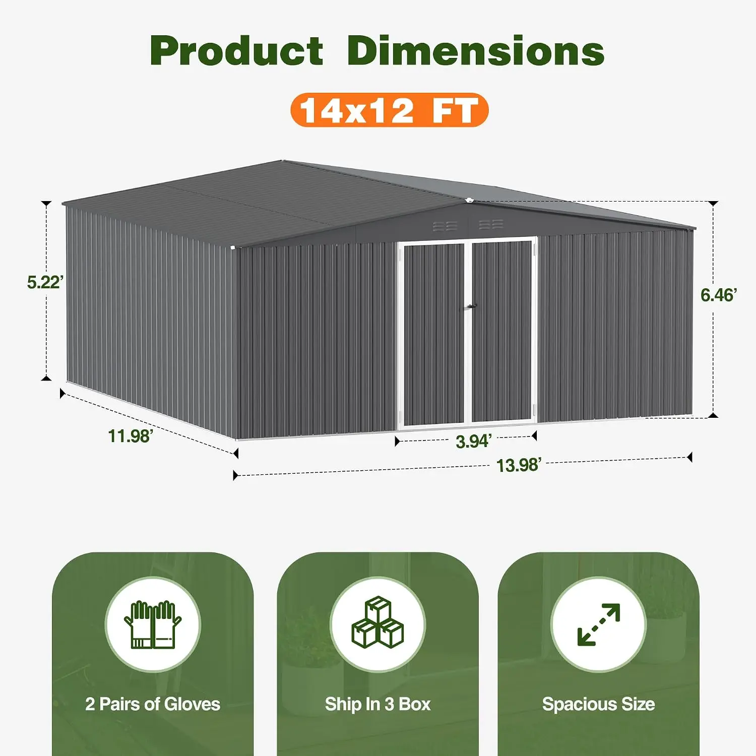 14 x 12 FT Outdoor Storage Shed, Heavy-Duty Galvanized Steel Tool Shed with Reinforced Frame, Lockable Double Door, Customized