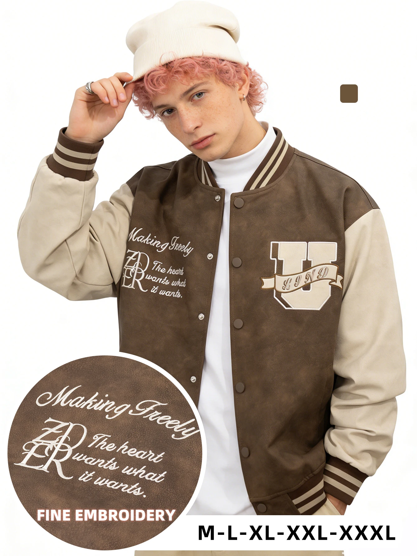 

Men's Faux Leather Jacket Racing Varsity Bomber Coat Fine Letter Embroidery Baseball Collar Outerwear Casual Retro Streetwear