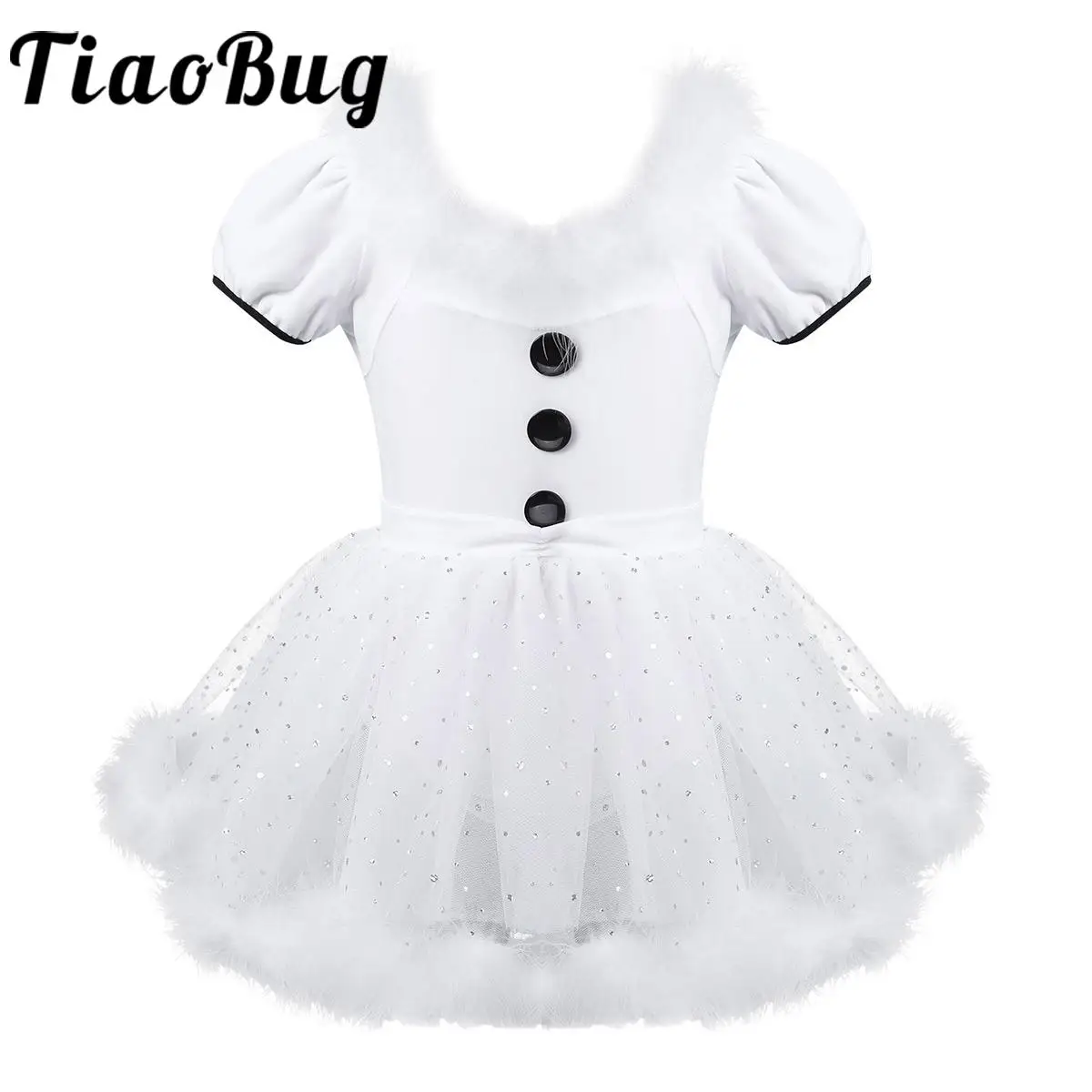 

Kids Girls Christmas Snowman Costume Feather Trim Short Sleeve Sequin Figure Skating Tutu Dress Stage Performance Ballet Leotard