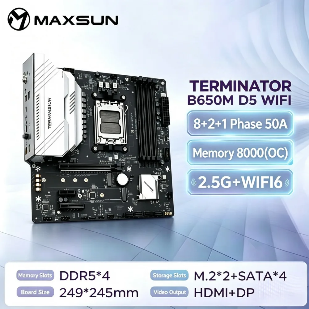 MAXSUN B650M Terminator WiFi Motherboard  AMD AM5 Ryzen 7000/8000/9000series  4*DDR5(192GB)  Support Bluetooth 5.2 SATA3.0 M.2