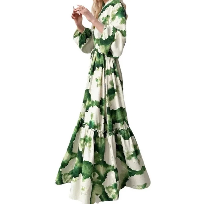 Feminino elegante verde impresso maxi vestidos mangas puff com decote em v cintura em camadas bainha solta vestido longo novo