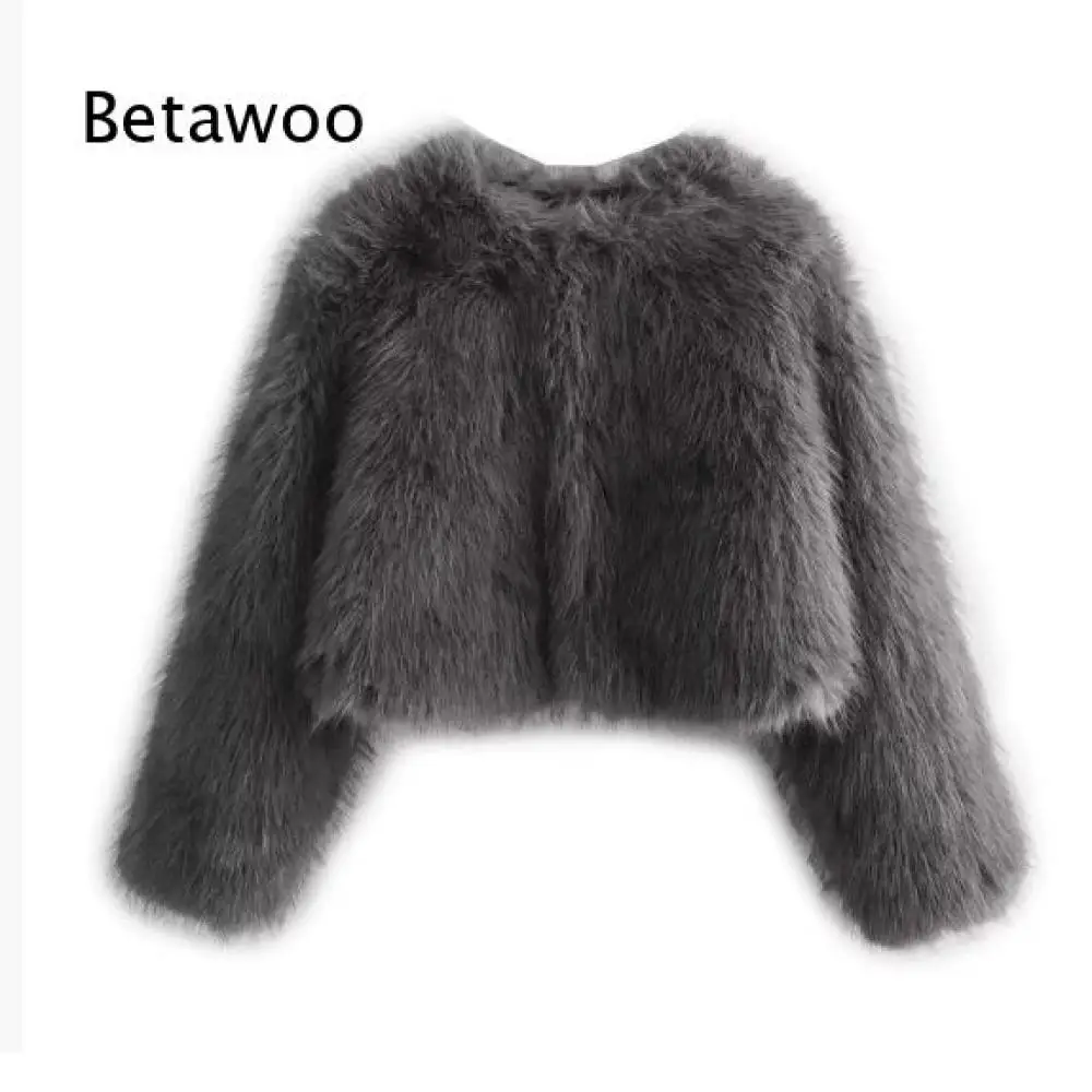 Round Neck Long Sleeve Faux Fur Cropped Jacket For Women Solid Color Loose Warm Short Outerwear For Multiple Matching Style