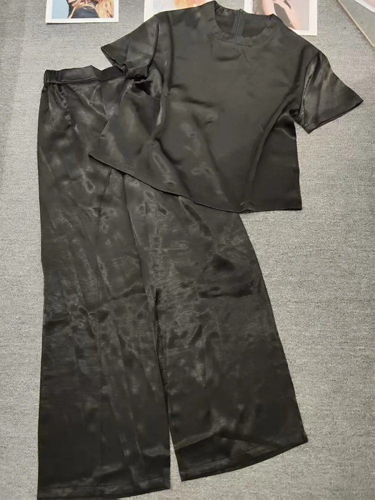 

Retro solid color round neck short-sleeved pullover+elastic waist wide-leg trousers summer new fashion women's two-piece suit