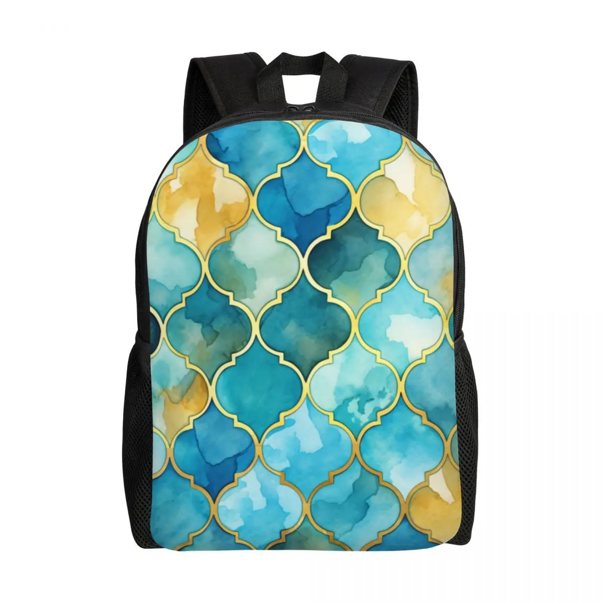 Custom Blue Aqua Gold Morrocan Trendy Glitter Print Backpacks for Men Women Water Resistant College School Bag Print Bookbags