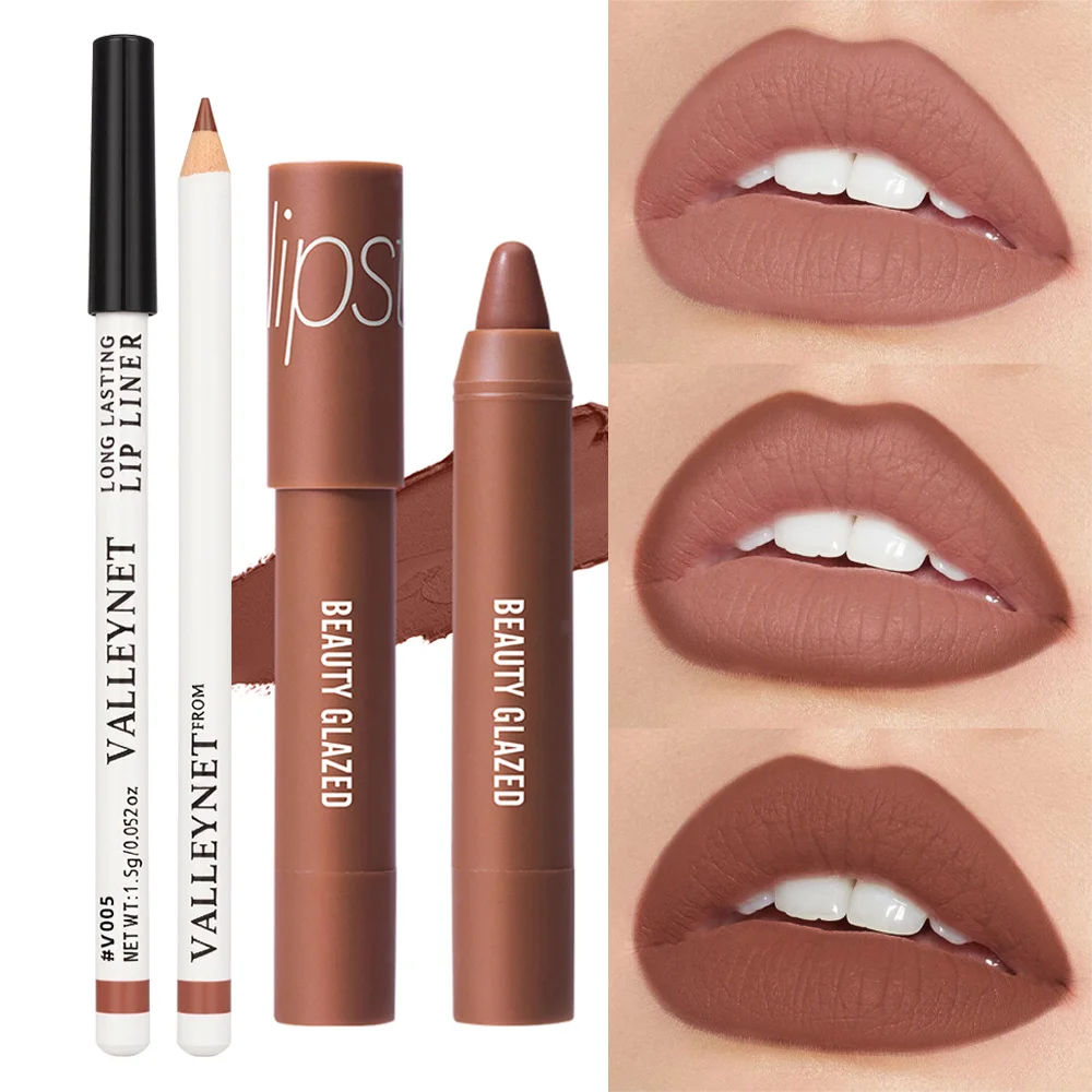 Juego de 2 unidades de delineador de labios mate y lápiz labial de terciopelo: duradero, resistente al agua, adecuado para un juego combinado de labios de maquillaje diario.