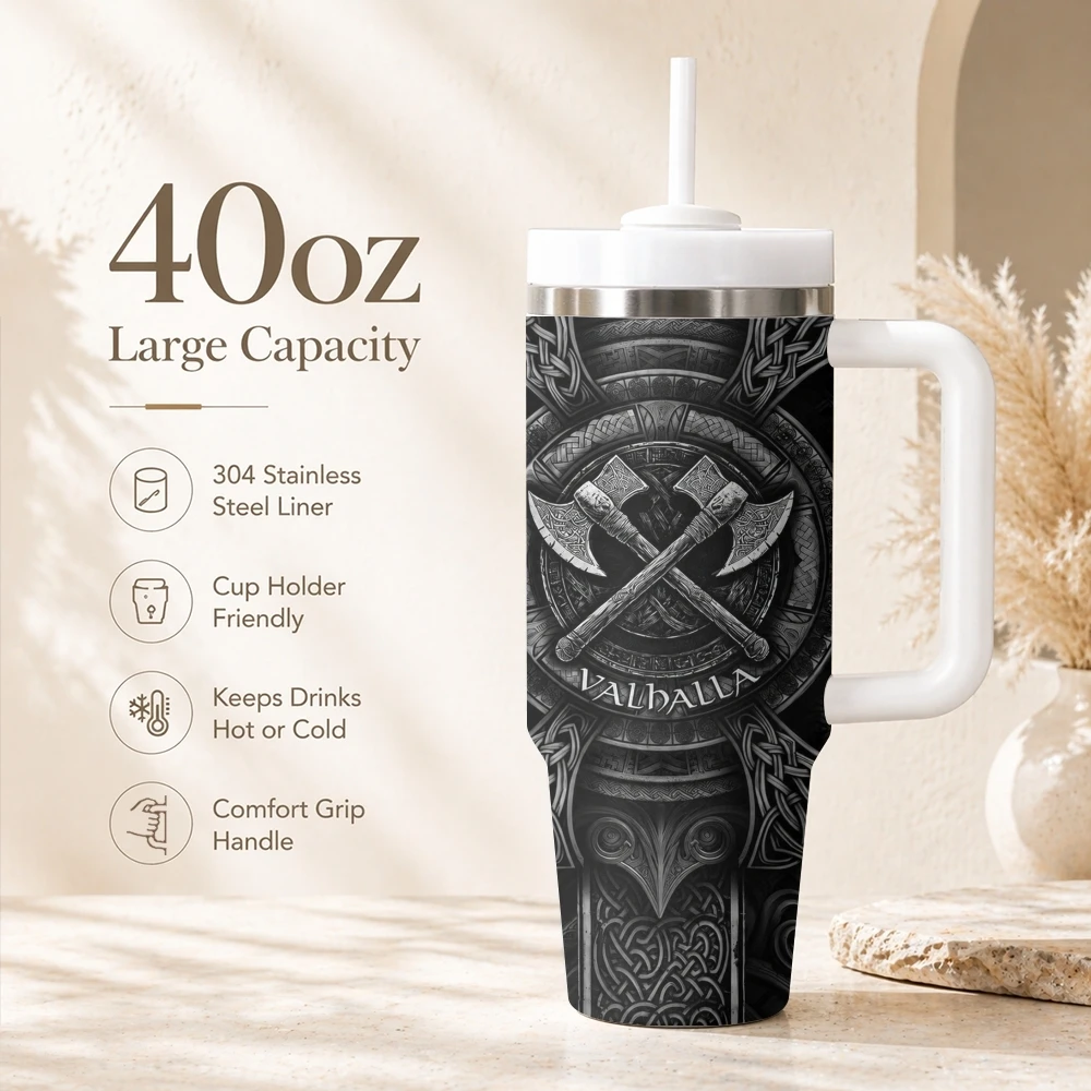 Viking Wolf Nordic Vacuum Flasks 40oz Portable Stainless Steel Tumbler with Handle Straw Double Wall Insulated Leakproof Mug