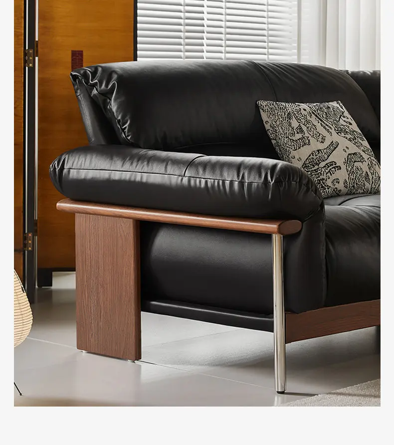 Sofa black walnut solid wood first layer cowhide living room home medium and ancient style straight row leather sofa