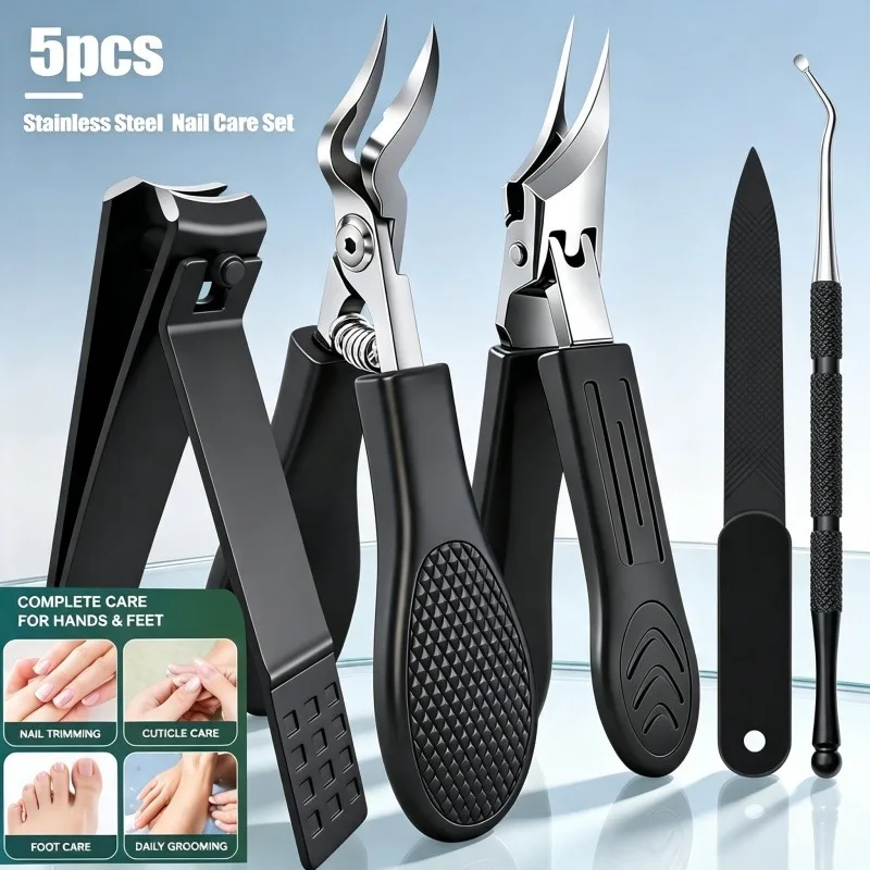 Ensemble professionnel de soins des ongles 5 pièces en acier inoxydable, comprenant des coupe-ongles pour ongles incarnés, des pinces, une lime, un lève-ongles et un kit d'outils de pédicure pour les pieds.