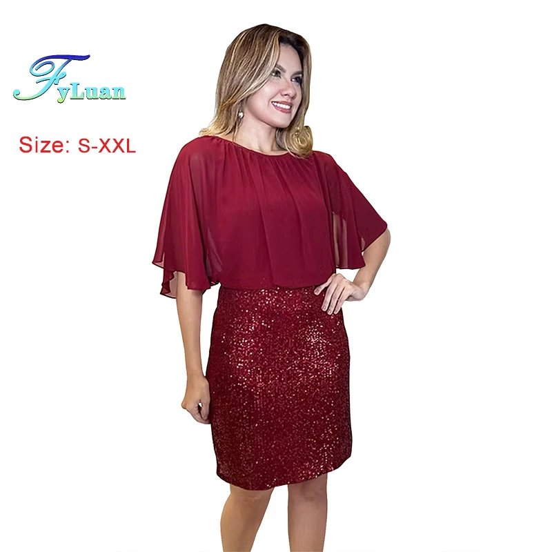 

Sweet Fit Flared Sequin Chiffon Women's Mini Dress Lotus leaf sleeves O Neck Package Hips Skirt Ladies Casual High Street Dress