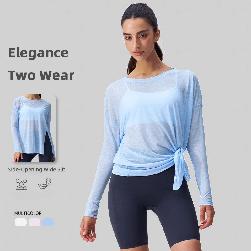 Damen Langarm Loose-Fit Yoga-Oberteil mit Seitenschlitz, Sexy Rundhals Atmungsaktives Schnelltrocknendes Pilates-Laufshirt, Freizeitkleidung
