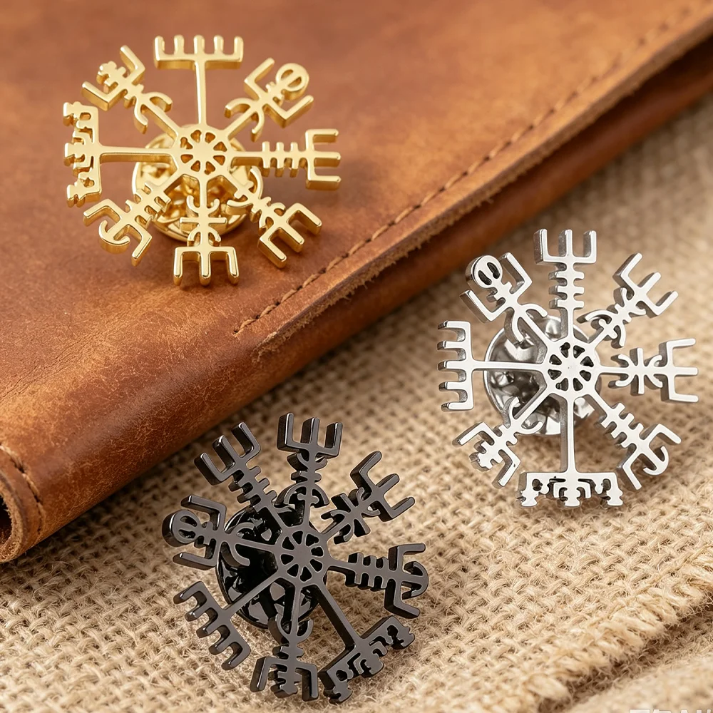 Viking Compass Symbol Brooch Stainless Steel Lapel Pin Vintage Norse Amulet Badge Collar Decor Jewelry Gift for Unisex