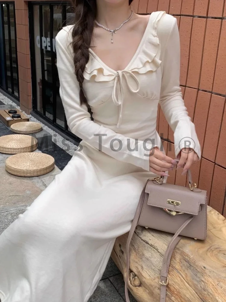 Autumn Korean Fashion Sweet Solid Dress Women V Neck Bow Elegant Slim Long Dress Female Sexy Design Sense Aesthetic Clothes 2024