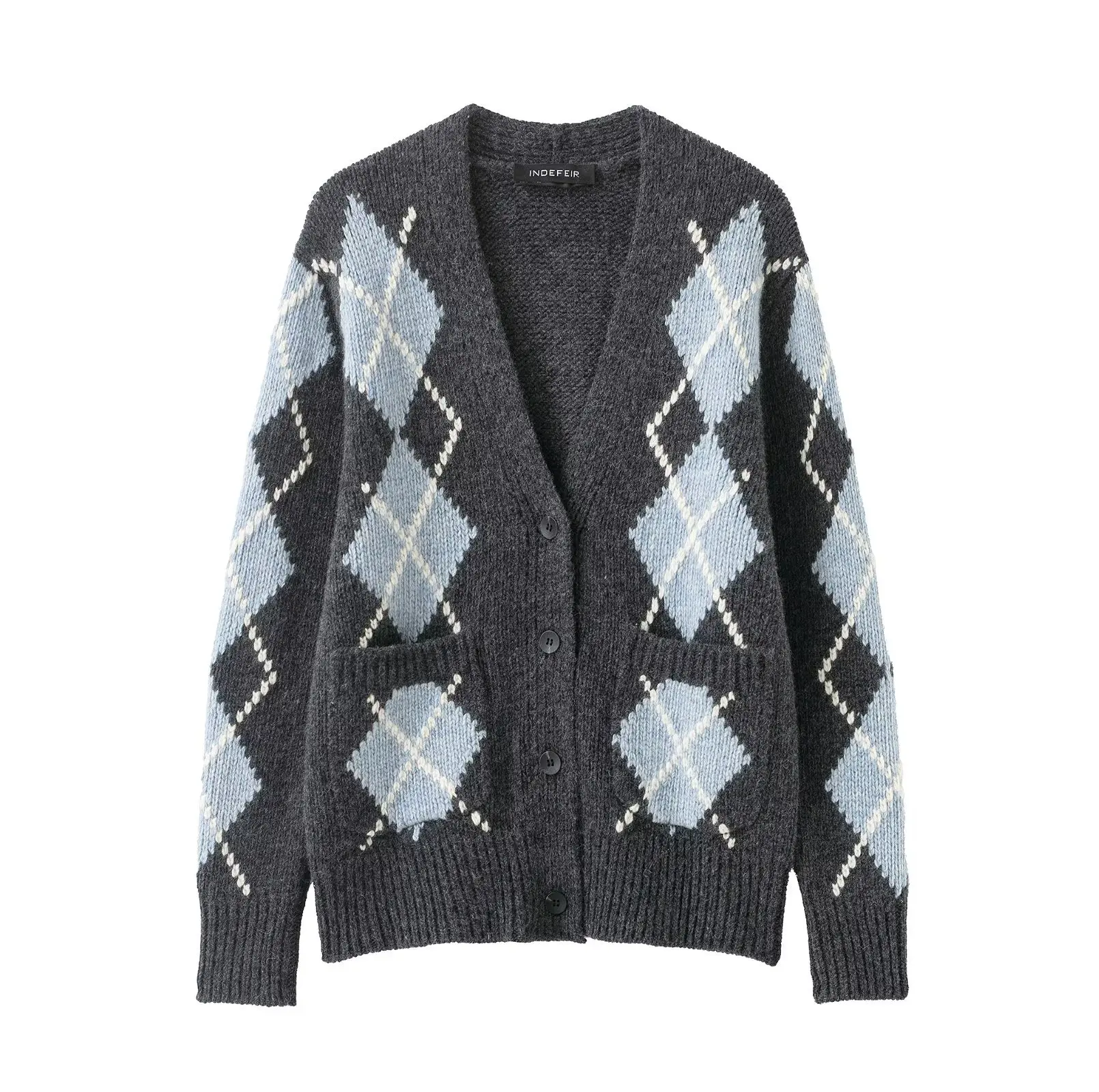 

KIDCRKJ 2026 Winter Women's Cardigan Coat Diamond Patterned V-Neck Casual Lady Knit Jacket Temperament Simple Female Jacket