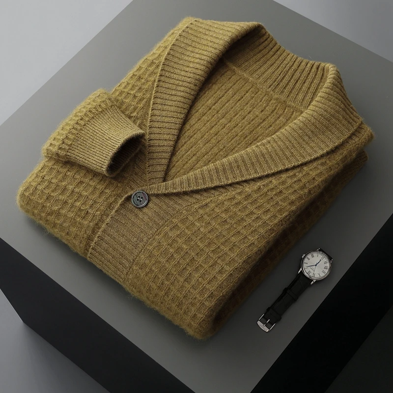 Light Luxury 100% Cashmere Cardigan for Men, Green Fruit Collar, Thickened Loose Knit Fashion Casual Base Shirt, Warm Sweater