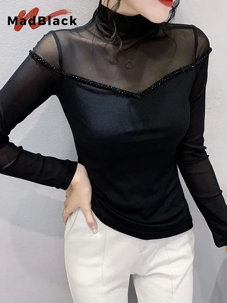 

MadBlack European Clothes 2023 Autumn Tshirts Hand Made Beaded Long Sleeve Slim Tees Bottoming Tops Women T31053X