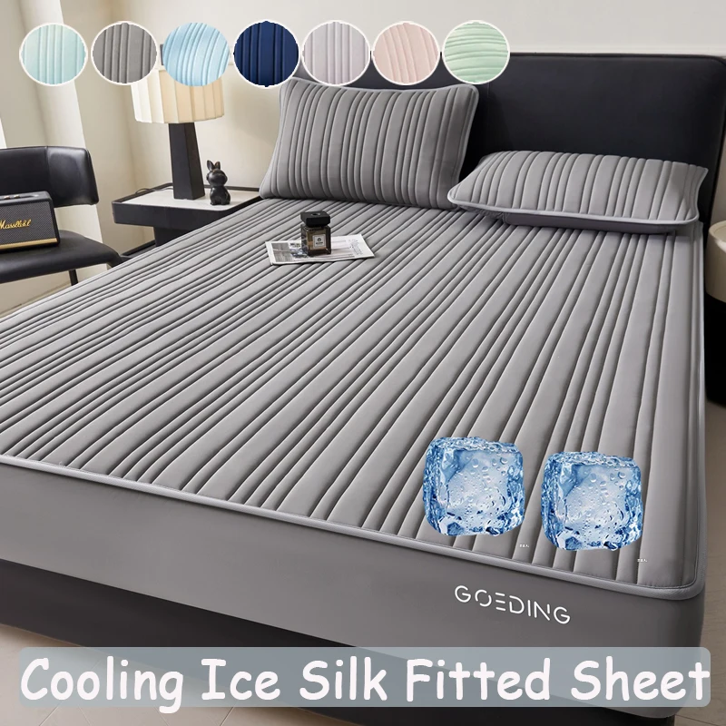 

Spandex Cooling Fitted Bed Sheet – Ice Silk Stripe, Non Slip Elastic Edge,0.28 Cooling Sense Breathable Mattress Cover,Quick Dry