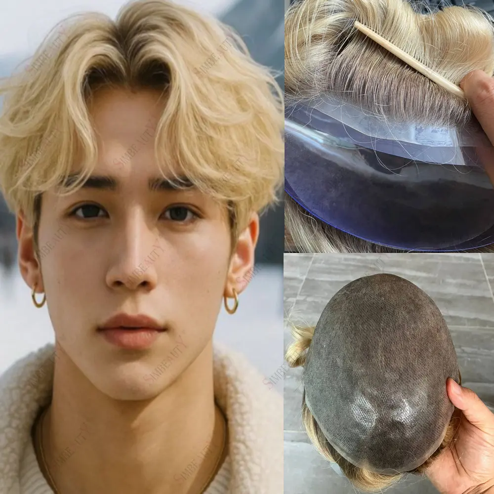 Rambut Palsu Pria Ombre Pirang dengan Garis Rambut Alami, Toupee Rambut Asli dengan Basis Kulit Tipis 0.06mm, Sistem Pengganti Rambut Pria, Prostesis