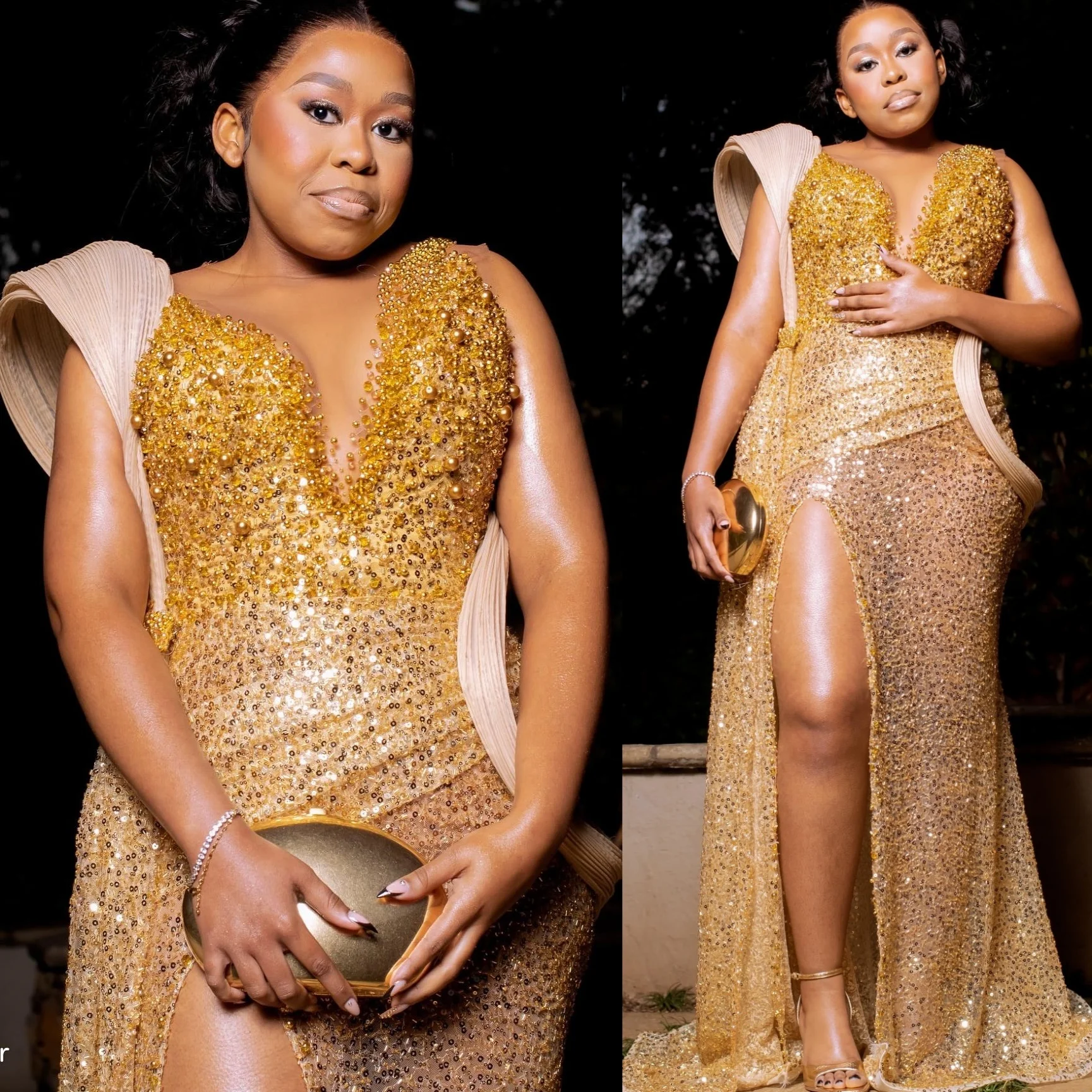 

2025 Gold Mermaid Prom Dresses High Split Sequined Beaded Crystals Stylish Evening Formal Party Birthday Gowns Dresses ZJ544