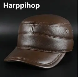 Harppihop Men's genuine leather baseball cap brand new winter warm real cow leather caps hats