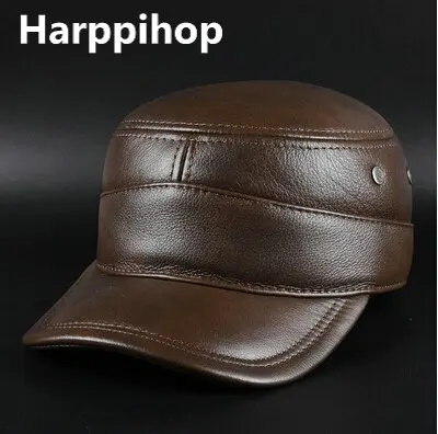 Harppihop Men's genuine leather baseball cap brand new winter warm real cow leather caps hats