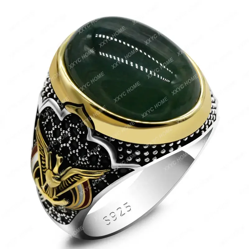 

Customized Green Natural Agate Stone 925 Sterling Silver Vintage Eagle Zircon Enamel Gold Turkey Ornament Men's Ring Female