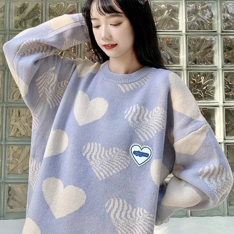 

Lovely Heart Print Pullovers Round Collar Knitted Sweater Korean Goth Winter Women High Quality Loose Cute Knitwear Jumpers Teen