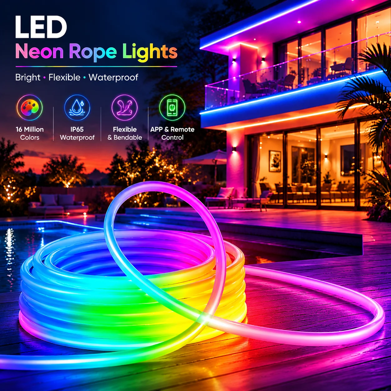 Flexible RGBIC / RGB LED Neon-Lichtstreifen mit App- und Fernbedienung, Musik-Sync-Timer-Funktion, IP67 Wasserdicht, Innenbeleuchtung für Schlafzimmer, Wand, Garten, Wegdekoration