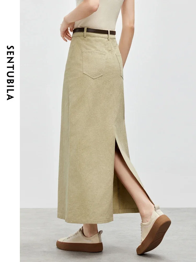 SENTUBILA Women 100% Cotton Denim Skirt   2024 Autumn Straight Slit-hem Classic Solid Simple  Long Skirt 143Q56392