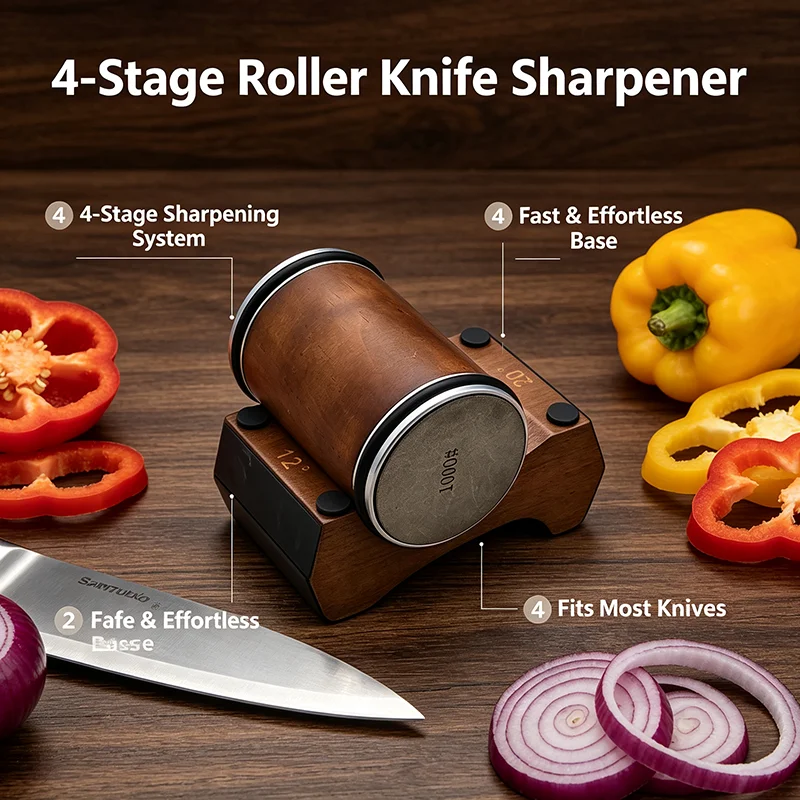 Rolling Knife Sharpener 4 Angle 12/15/18/20 Wooden Base Magnetic Suction Manual Kitchen Chef Knife Sharpening Diamond Stone Tool