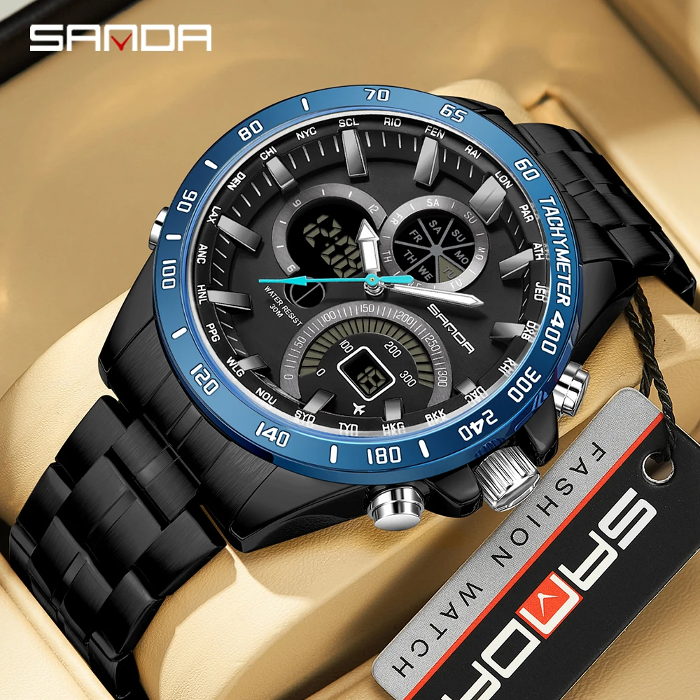 SANDA Brand Fashion Men's Electronic Quartz Watch Steel Core Black Technology Multi functional Waterproof Men's Quartz Watch