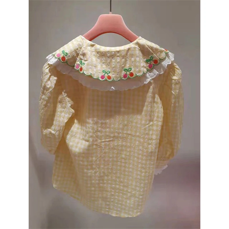 Kawaii Plaid Shirts Women Japanese Cute Cropped Lace Patchwork Blouses Summer Fashion Embroidery Puff Short Sleeve Design Tops view 4