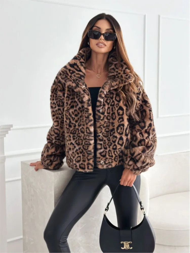 

New Autumn Winter Casual Women Leopard Print Long Sleeve Plush Jacket Coat, Vintage Thick Warm Faux Fur Outerwears, Streetwear