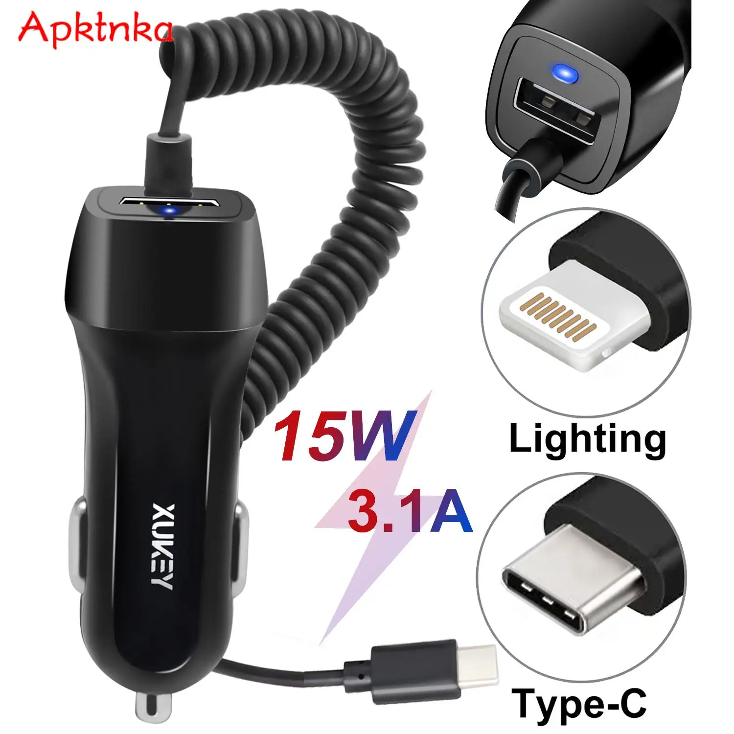 APKTNKA 3.1a USB Car Charger Fast Charge Cigarette Lighter Plug Cable Adapter For IPhone 14 13 12 Samsung Type c Splitter Socket