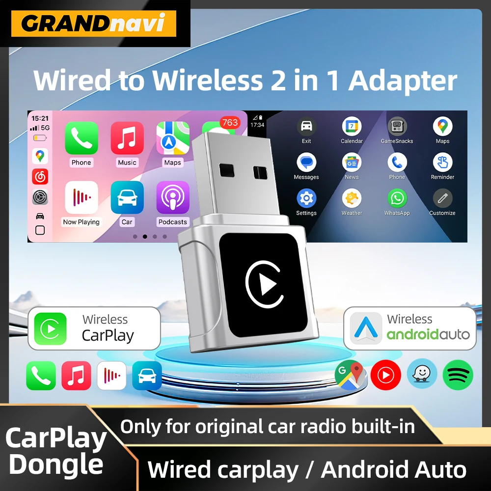 

Беспроводной адаптер Grandnavi CarPlay Android Auto, проводной к беспроводному адаптеру 2 в 1, мини-автомобильный Ai Box для Audi Toyota VW Peugeot plug&paly