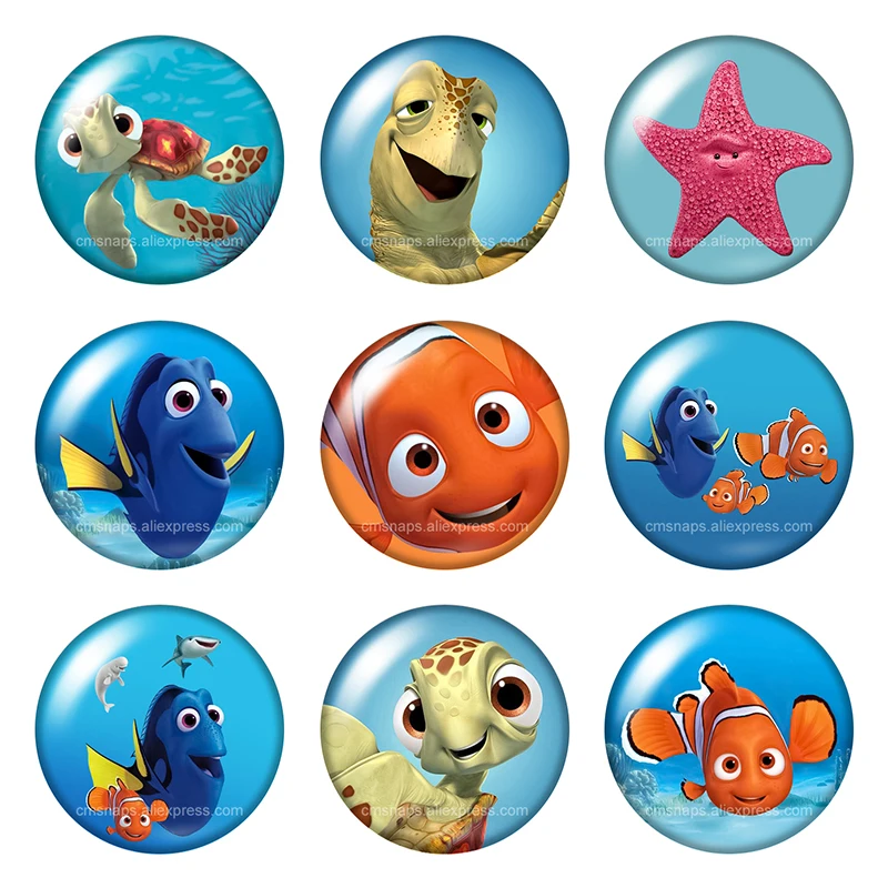 10 piezas de cabujones de cristal redondos de 12mm/18mm/20mm con diseño de Pescado de Nemo, Pez Payaso, Marlin, Dory, con reverso plano, para la creación de accesorios para llaveros