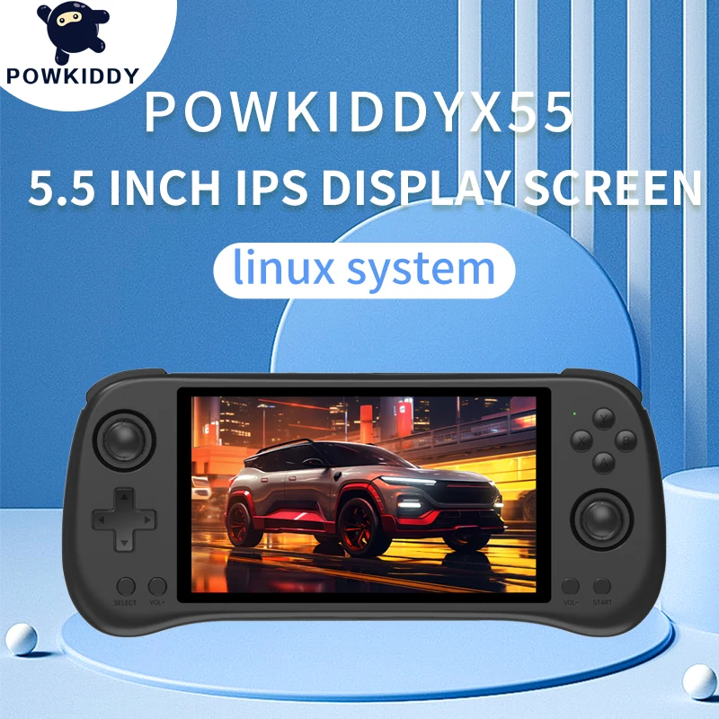 POWKIDDY New X55 V2 Black JELOS System Portable Game Console HD Screen RK3566 CPU 5.5 Inch Handheld Video Game Players With WiFi