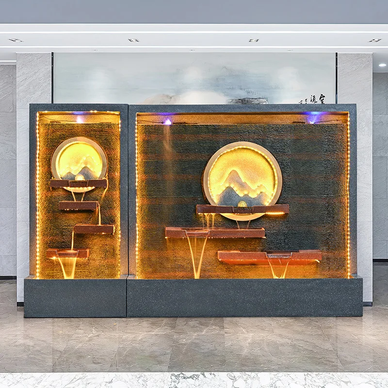 Water Curtain Wall Flowing Water Ornament Tea Room Entrance Lucky Feng Shui Wheel Outdoor Courtyard Rockery Fountain Landscape