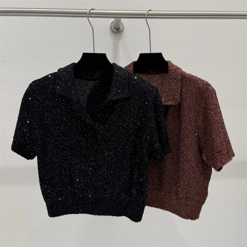

High-quality summer new women's collar sequined short-sleeved T-shirt y2k fashion casual linen blend short knit top polo shirt