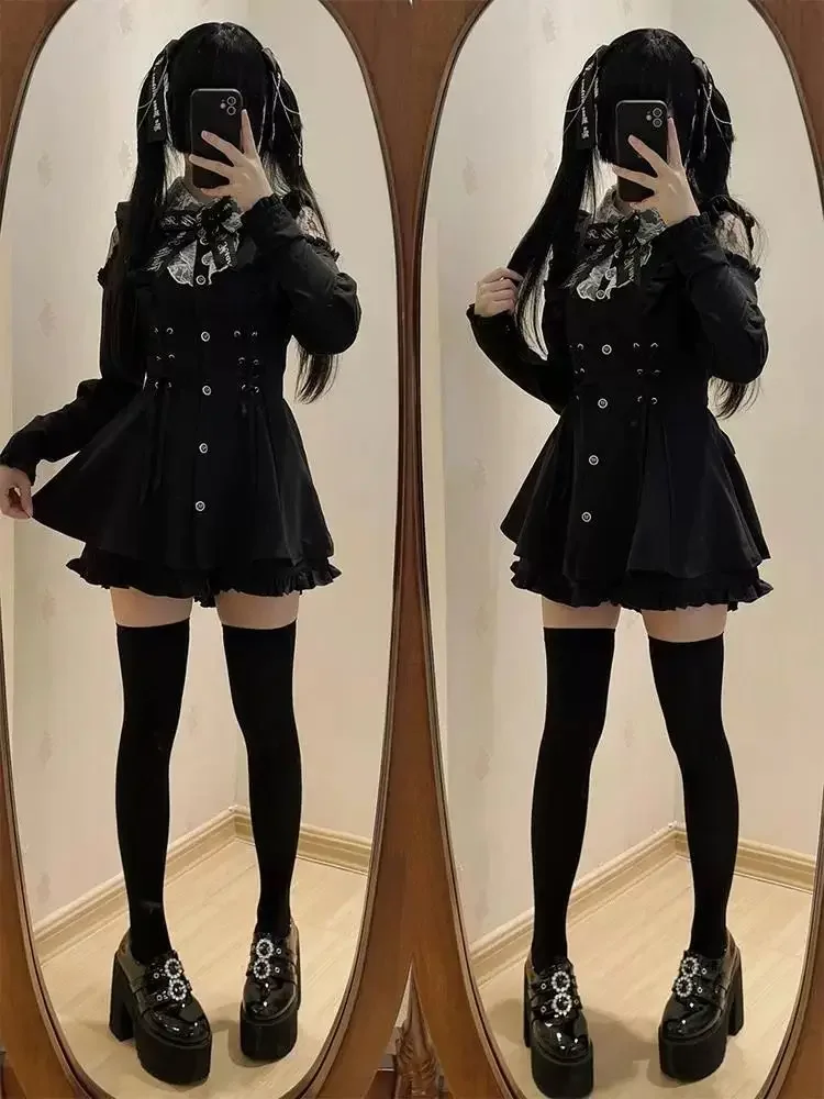 Harajuku Sweet Lace Patchwork Slim Fit Dresses+ Y2k High Waist Ruffles Shorts for Women Autumn New Black Two Piece Sets Lolita