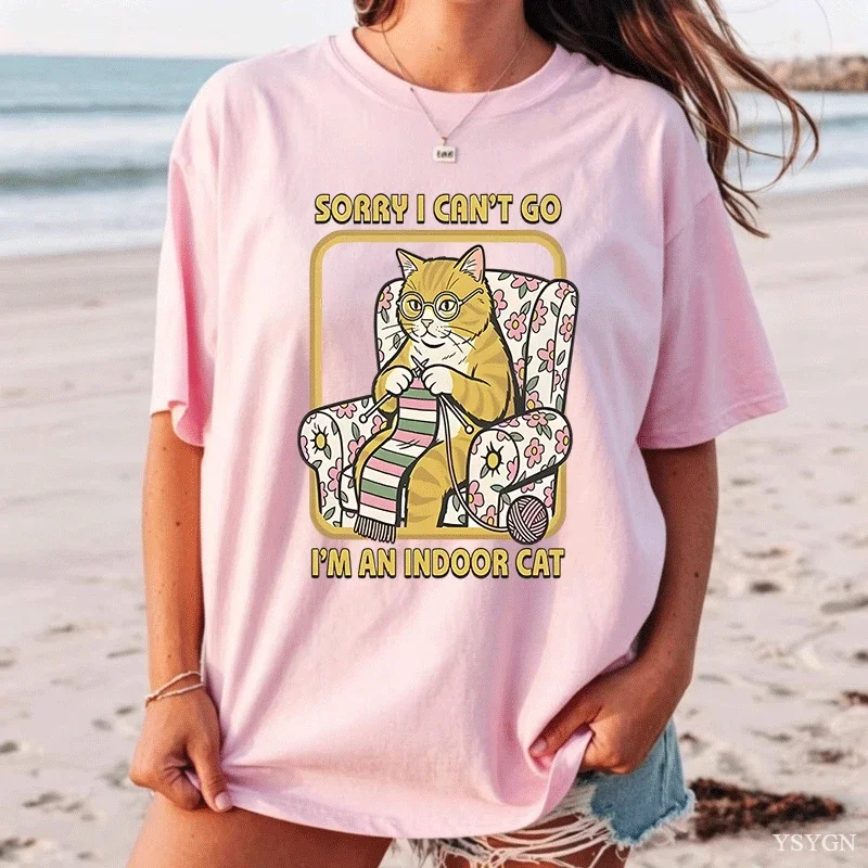 Sorry I Can't Go I'm An Indoor Cat T Shirt Funny Cat Printed T-Shirt Short Sleeve Round Neck Y2k Clothes Cat Lover Clothing Tees