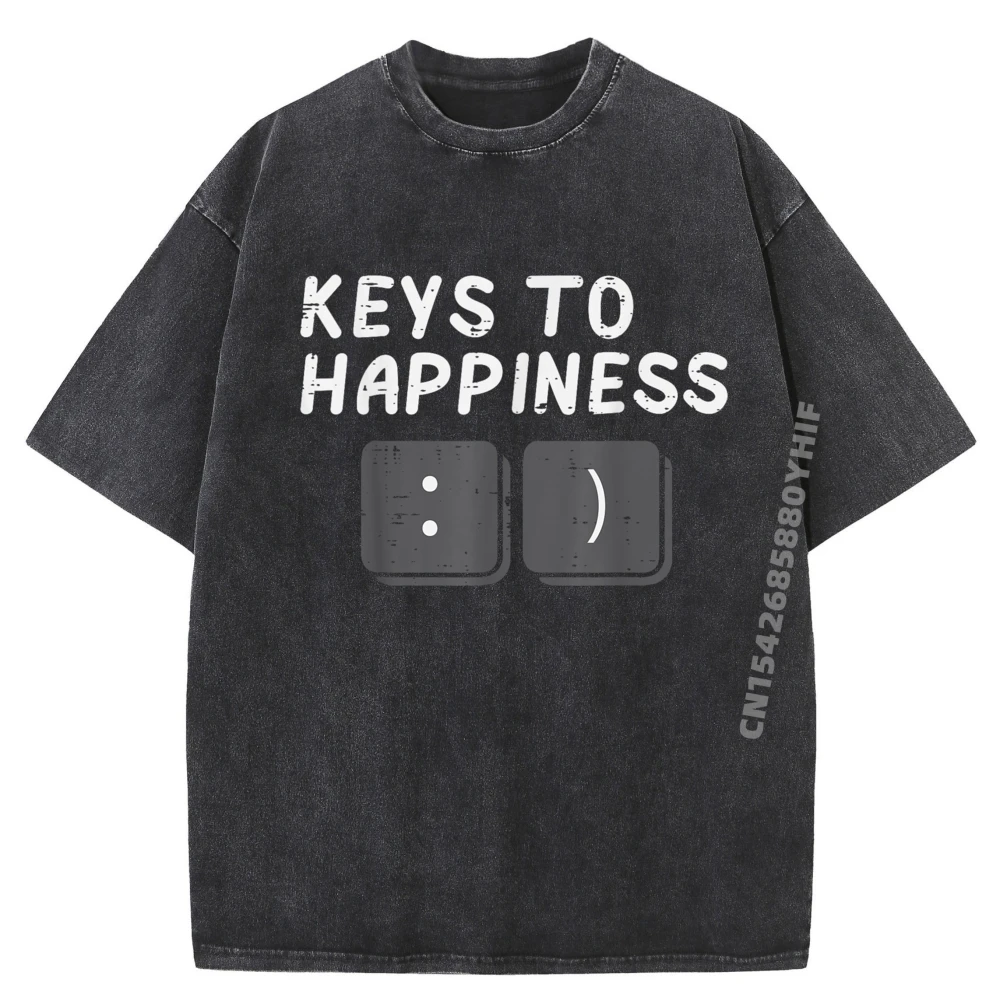 

Keys To Happiness It Computer Normal Tees Newest Mens Washed Tshirts Summer Breathable Printed Tops Graphic Tees Classic