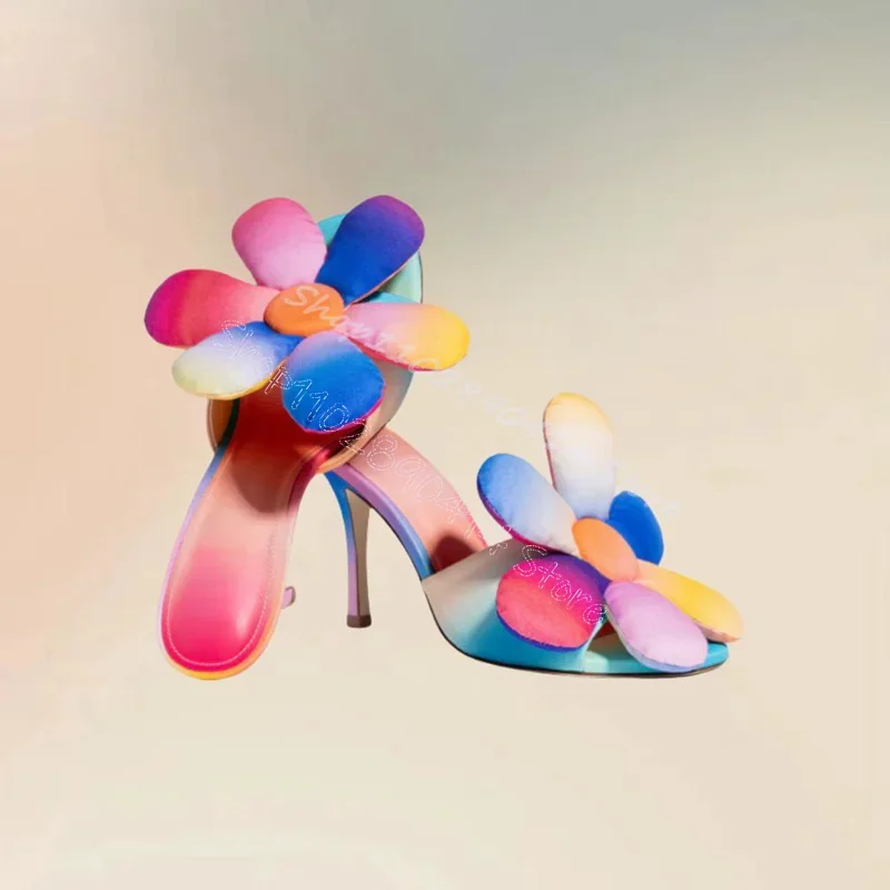 

Rainbow Color Flower Design Open Toe Slippers Slip On Women Shoes Thin High Heels Fashion Party Banquet 2025 Zapatos Para Mujere