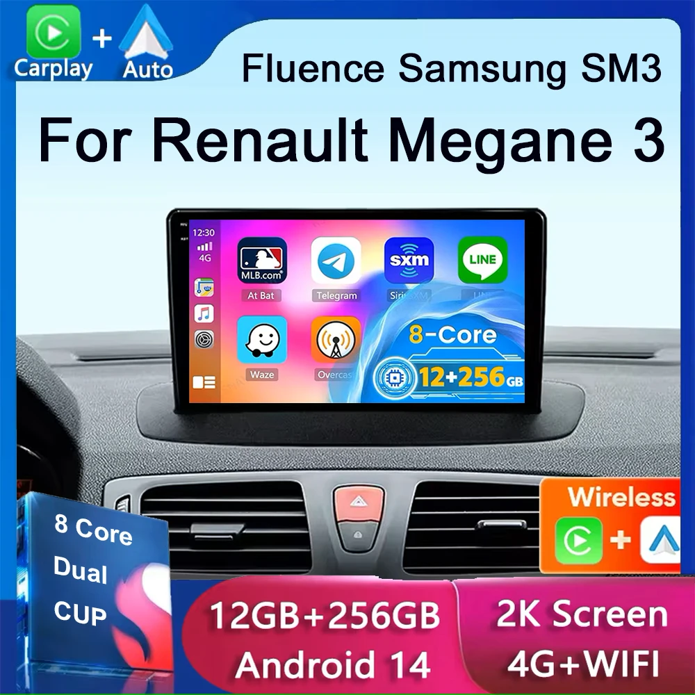 Car Radio Multimedia Play For Renault Megane 3 Fluence Samsung SM3 2008-2014 Android 14 Wireless Carplay Stereo DSP 48EQ