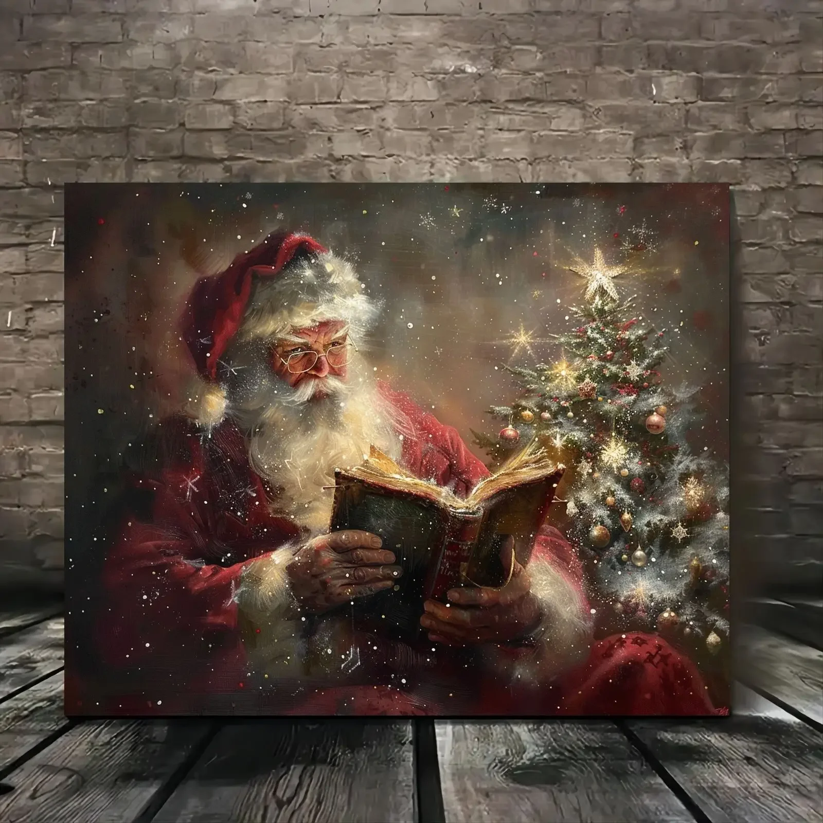 Santa Reading on Wooden Framed Canvas Wall Art Waterproof Canvas Home Decoration Suitable for Living Room Bedroom Christmas