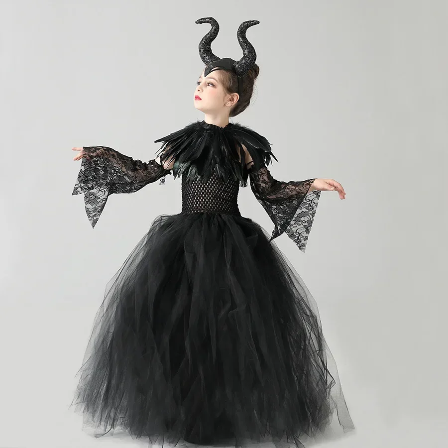 Handgefertigtes Tutu-Prinzessinnenkleid für Mädchen, Cosplay-Kostüm Böse Königin, Schwarzes Netzgewebe, Karnevalsparty, Zauberstab, Dämonische Hexenkleider – Detail 4