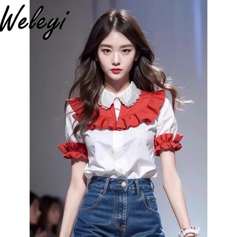 

2024 Summer New Chic Sweet and Spicy Small Tops Korean Wear with Red and White Contrasting Color Ruffle Edge Short Sleeved Shirt